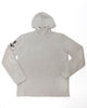 Mens oatmeal hooded pullover with navy anchor on sleeve.