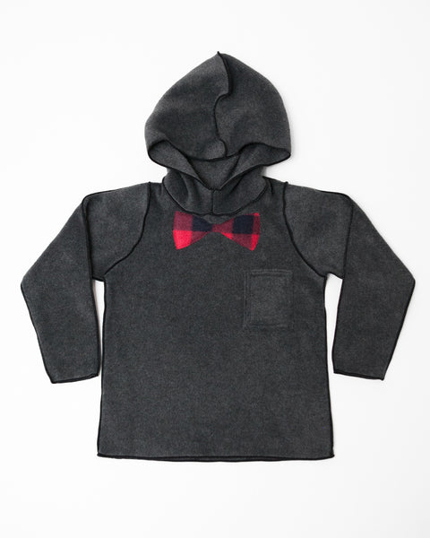 Boys charcoal grey hooded pullover with plaid bowtie & breast pocket