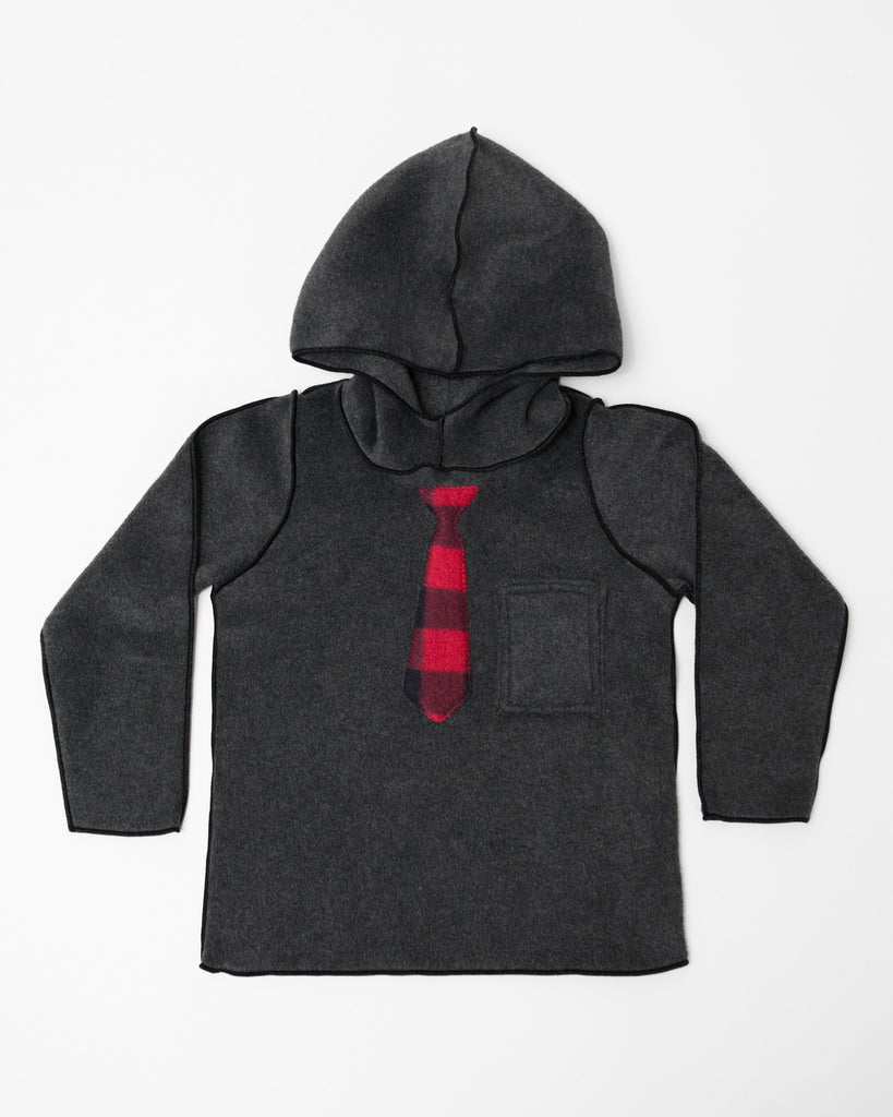 Boys charcoal grey hooded pullover with plaid tie & breast pocket