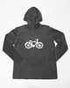 Mens charcoal grey hooded pullover with cream bike.