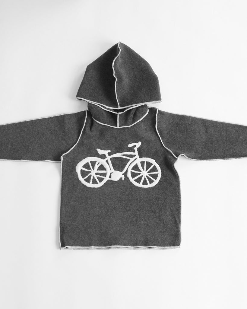Boys charcoal grey hooded pullover with cream bike