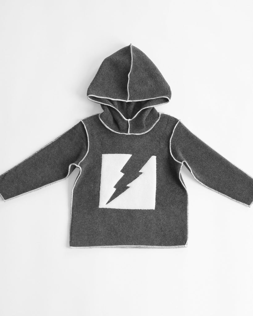 Boys charcoal grey hooded pullover with cream inverted lightning bolt
