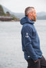 Mens navy hooded pullover with cream anchor on sleeve